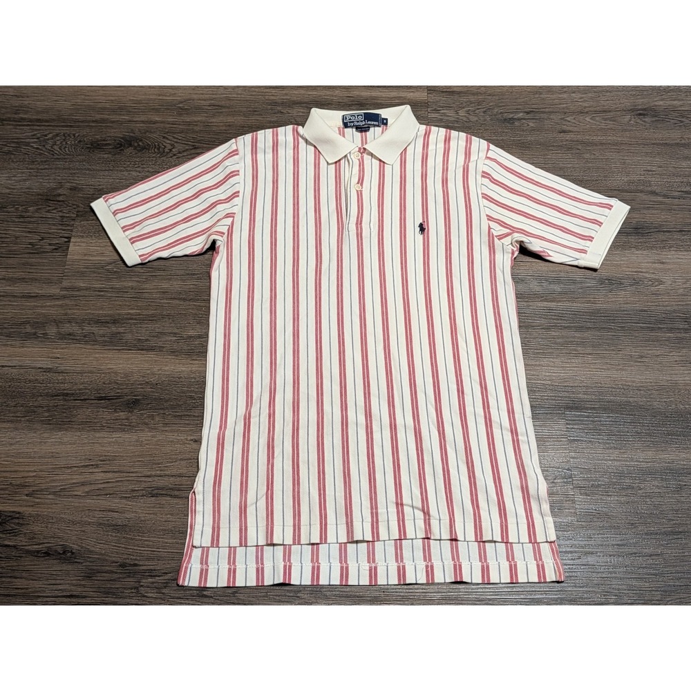 Polo Ralph Lauren Vertical Stripe Polo Shirt Mens S Cream Red Blue Vintage 90s